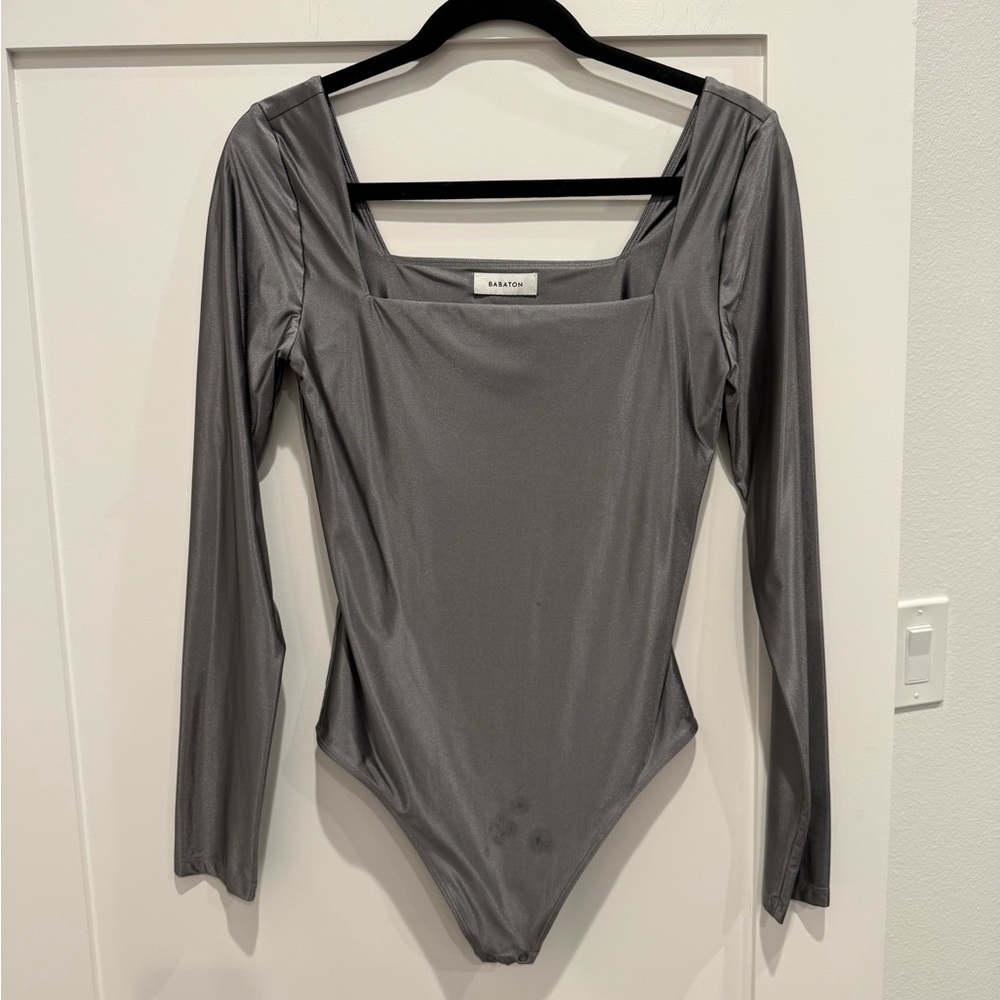 Aritzia Gray Silk Long Sleeve Bodysuit